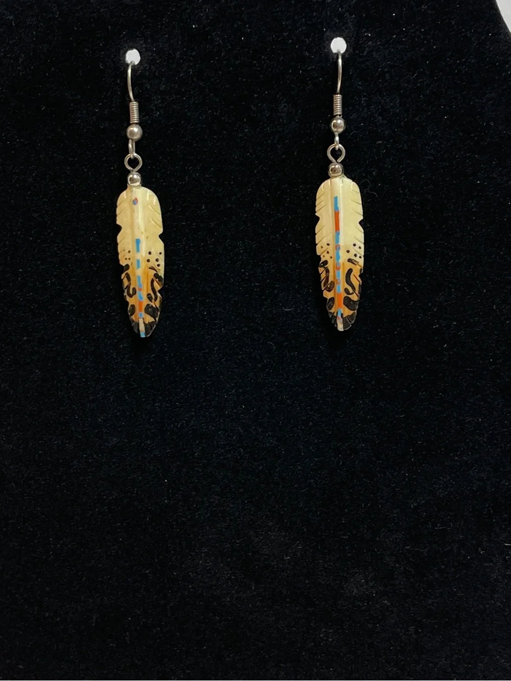 Hand-Painted Carved Feather Dangle Earrings w/ Beads Native Style